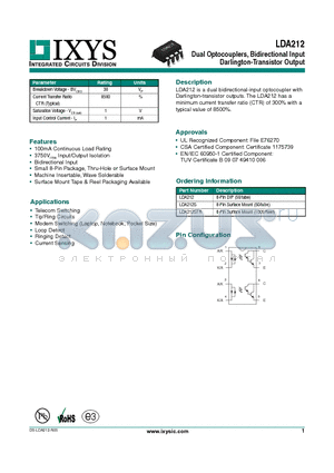 LDA212 datasheet - Dual Optocouplers, Bidirectional Input Darlington-Transistor Output