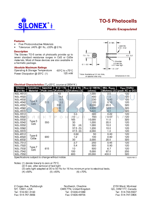 NSL-5562 datasheet - TO-5 Photocells Plastic Encapsulated