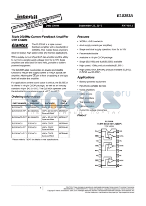 EL5393ACU datasheet - Triple 300MHz Current Feedback Amplifier with Enable