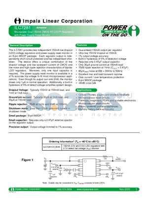 ILC7281 datasheet - MICROPOWER DUAL 150MA CMOS RF LDO REGULATORS WITH POWER SUPPLY RESET MONITOR
