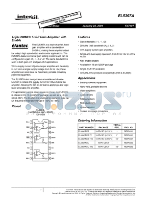 EL5397ACS datasheet - Triple 200MHz Fixed Gain Amplifier with Enable
