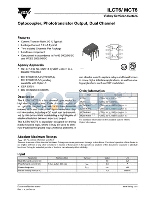 ILCT6-X007 datasheet - Optocoupler, Phototransistor Output, Dual Channel