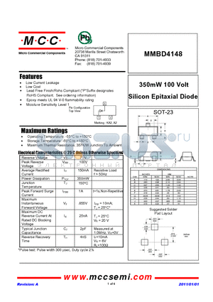 MMBD4148_11 datasheet - 350mW 100 Volt Silicon Epitaxial Diode