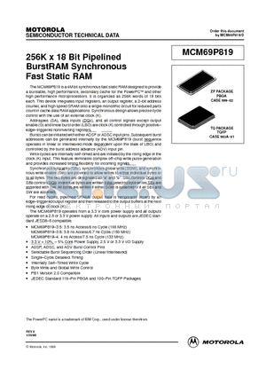 MCM69P819ZP3.8 datasheet - 256K x 18 Bit Pipelined BurstRAM Synchronous Fast Static RAM