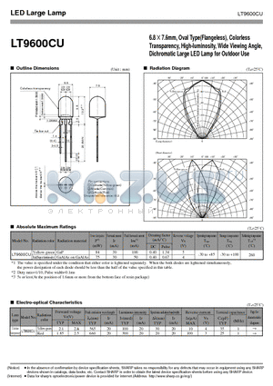 LT9600CU datasheet - 6.8 X 7.6mm, Oval Type(Flangeless), Colorless Transparency, High-luminosity, Wide Viewing Angle, Dichromatic Large LED Lamp for Outdoor Use