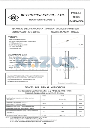 P4KE350 datasheet - TECHNICAL SPECIFICATIONS OF TRANSIENT VOLTAGE SUPPERESSOR