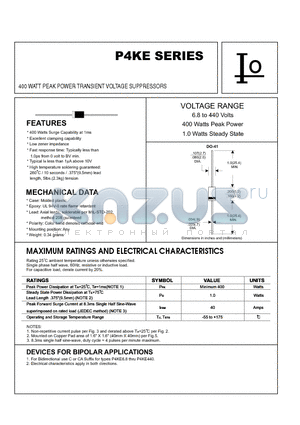 P4KE350 datasheet - 400 WATT PEAK POWER TRANSIENT VOLTAGE SUPPRESSORS