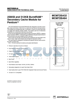 MCM72BA32 datasheet - 256KB and 512KB BurstRAM Secondary Cache Module for Pentium
