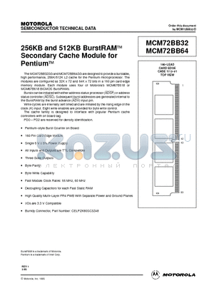 MCM72BB64SG66 datasheet - 256KB and 512KB BurstRAM Secondary Cache Module for Pentium