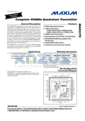 MAX2370ETM datasheet - Complete 450MHz Quadrature Transmitter