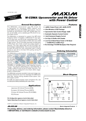 MAX2383EBC-T datasheet - W-CDMA Upconverter and PA Driver with Power Control