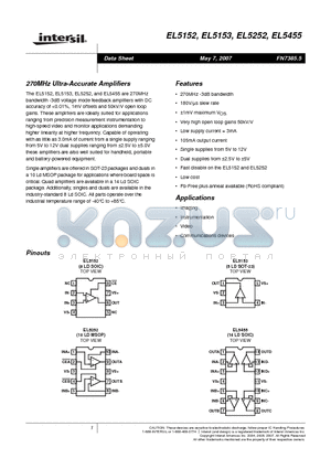 EL5455ISZ-T13 datasheet - 270MHz Ultra-Accurate Amplifiers