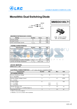 MMBD6100LT1 datasheet - Monolithic Dual Switching Diodes