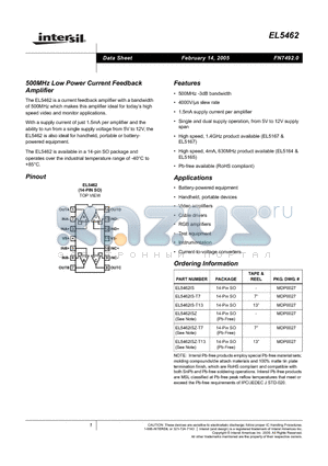 EL5462IS-T13 datasheet - 500MHz Low Power Current Feedback Amplifier