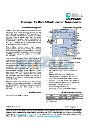 MAX24001TL+ datasheet - 2.5GBPS TX BURST-MODE LASER TRANSCEIVER