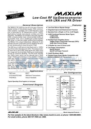 MAX2411 datasheet - Low-Cost RF Up/Downconverter with LNA and PA Driver