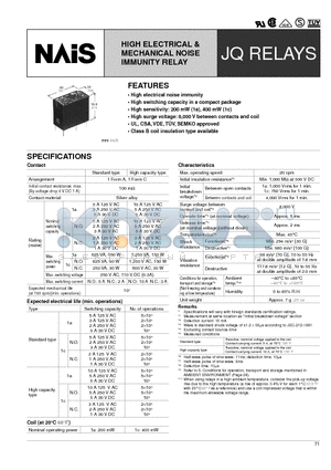 JQ1-XX datasheet - HIGH ELECTRICAL  MECHANICAL NOISE IMMUNITY RELAY