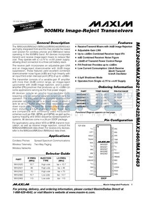 MAX2421EAI datasheet - 900MHz Image-Reject Transceivers