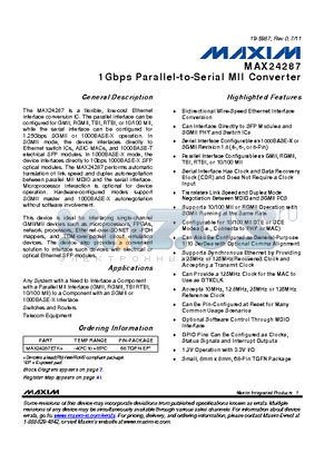 MAX24287 datasheet - 1Gbps Parallel-to-Serial MII Converter Translates Link Speed and Duplex Mode
