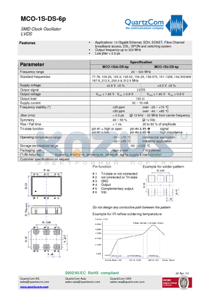 MCO-1S3-DS-6P datasheet - SMD Clock Oscillator LVDS Output frequency up to 320 MHz