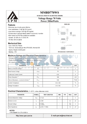 MMBD770WS datasheet - SURFACE MOUNT SCHOTTKY DIODE (Voltage Range 70 Volts Power 200mWatts)