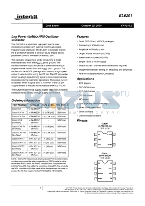 EL6201 datasheet - Low Power 430MHz HFM Oscillator w/Disable