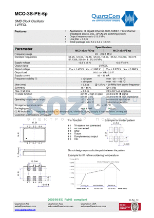 MCO-3S-PE-6P datasheet - SMD Clock Oscillator LVPECL Small package size: 5.0 x 3.2 x 1.3 mm