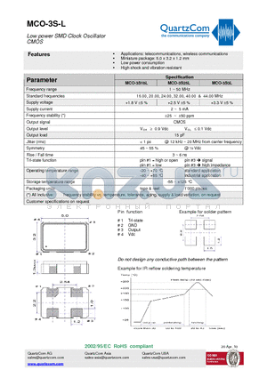 MCO-3S18L datasheet - Low power SMD Clock Oscillator CMOS Miniature package: 5.0 x 3.2 x 1.2 mm