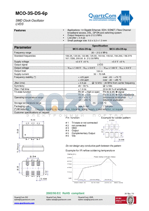 MCO-3S25-DS-6P datasheet - SMD Clock Oscillator LVDS Small package size: 5.0 x 3.2 x 1.3 mm