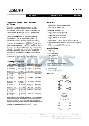 EL6201CY datasheet - Low Power 430MHz HFM Oscillator w/Disable