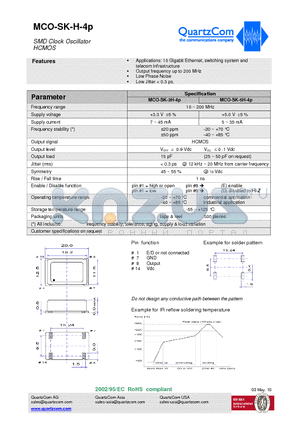 MCO-SK-3H-4P datasheet - SMD Clock Oscillator HCMOS Output frequency up to 200 MHz