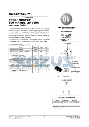 MMBF0201NLT1 datasheet - Power MOSFET 300 mAmps, 20 Volts