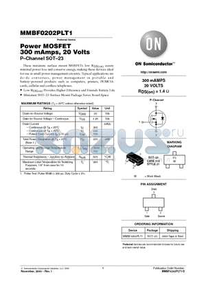 MMBF0202PLT1 datasheet - Power MOSFET 300 mAmps, 20 Volts