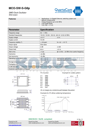 MCO-SW-S-G8P datasheet - SMD Clock Oscillator Sine wave Low Jitter < 0.3 ps.