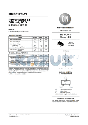 MMBF170LT1 datasheet - Power MOSFET 500 mA, 60 V N-Channel SOT-23