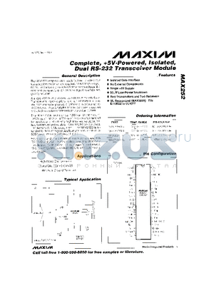 MAX252 datasheet - Complete, 5V-Powered, Isolated, Dual RS-232 Transceiver Module