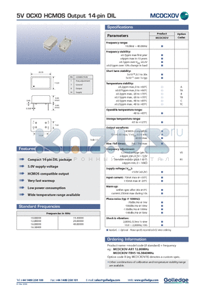 MCOCXOV/TBV5 datasheet - 5V OCXO HCMOS Output 14-pin DIL