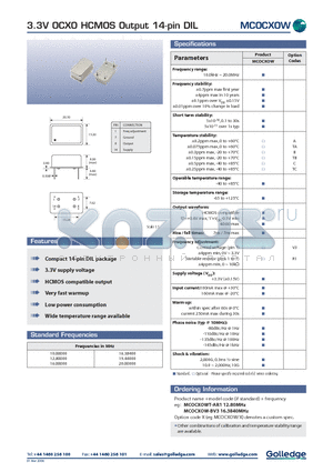 MCOCXOW/BV3 datasheet - 3.3V OCXO HCMOS Output 14-pin DIL