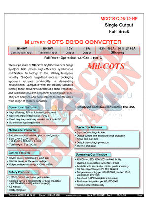 MCOTS-C-28-12-HP-N-S datasheet - MILITARY COTS DC/DC CONVERTER