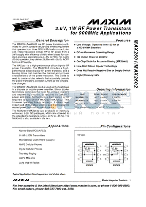MAX2601 datasheet - 3.6V, 1W RF Power Transistors for 900MHz Applications