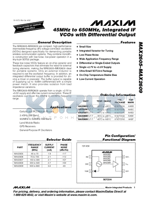 MAX2607 datasheet - 45MHz to 650MHz, Integrated IF VCOs with Differential Output