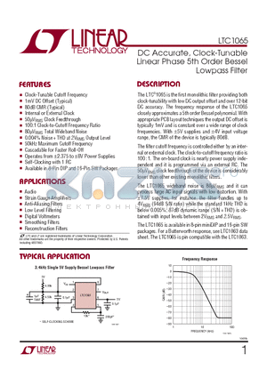 LTC1065 datasheet - DC Accurate, Clock-Tunable Linear Phase 5th Order Bessel Lowpass Filter