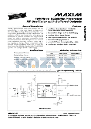 MAX2620 datasheet - 10MHz to 1050MHz Integrated RF Oscillator with Buffered Outputs