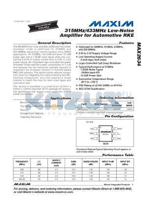 MAX2634AXT+ datasheet - 315MHz/433MHz Low-Noise Amplifier for Automotive RKE