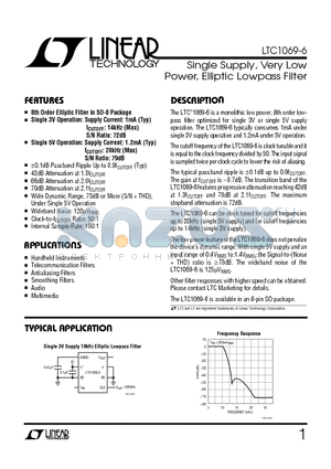 LTC1069-6 datasheet - Single Supply, Very Low Power, Elliptic Lowpass Filter