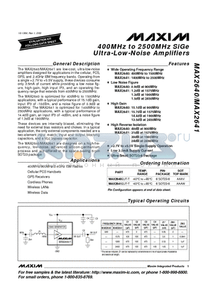MAX2640EUT-T datasheet - 400MHz to 2500MHz SiGe Ultra-Low-Noise Amplifiers