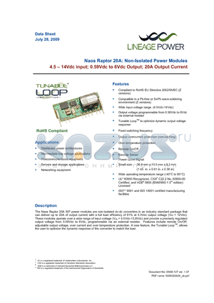 NSR020A0X43Z datasheet - 4.5 - 14Vdc input; 0.59Vdc to 6Vdc Output; 20A output current