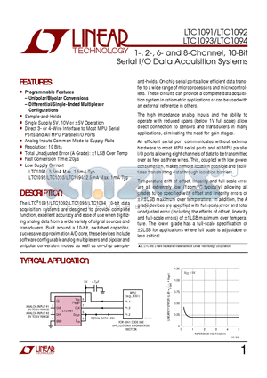 LTC1092CN8 datasheet - 1-, 2-, 6- and 8-Channel, 10-Bit Serial I/O Data Acquisition Systems