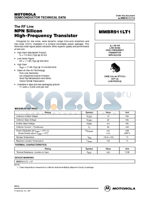 MMBR911LT1 datasheet - NPN Silicon High-Frequency Transistor