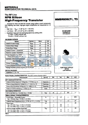 MMBR920LT1 datasheet - NPN SILICON HIGH FREQUENCY TRANSISTOR